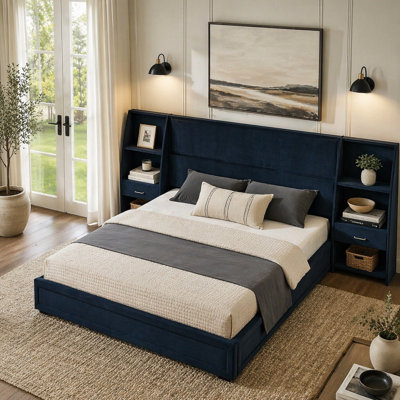 Modern Storage Platform Bed Frame with Side Bookcases & Drawer