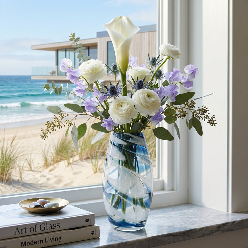 Vase en verre soufflé à la main avec un élégant design tourbillonnant, H 12 po x l 6 po x P 6 po