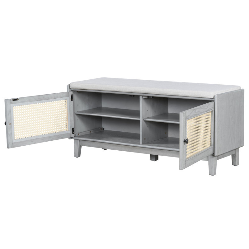 Banc de hall d'entrée avec coussin, rangement pour et encombrement, banc d'inspiration bohémienne à finition grise réglable à 3 niveaux, conception à double porte, 4 sections, poids de 200 lb, beige