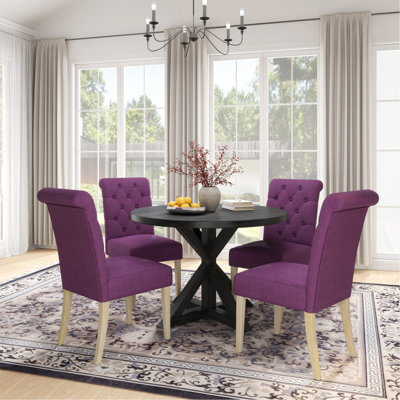 5-piece Dining Set, Cross-Buck Round Table with 4 Tufted Chairs, Purple