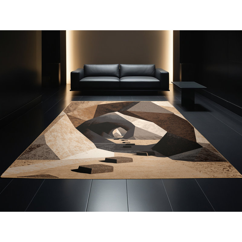 Tapis ovale moderne et contemporain lavable à la machine en noir - reliure brun clair, Rond 3 pi