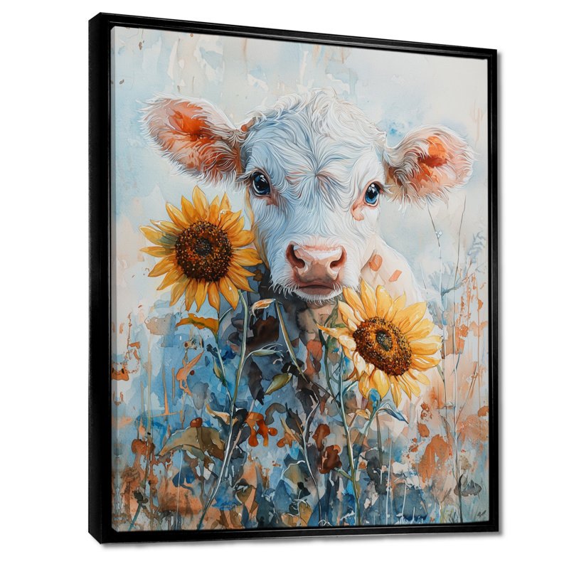 Peinture de vache Doerschuk avec pivoines V - art mural vache, Noir, Impression encadrée sans passe-partout