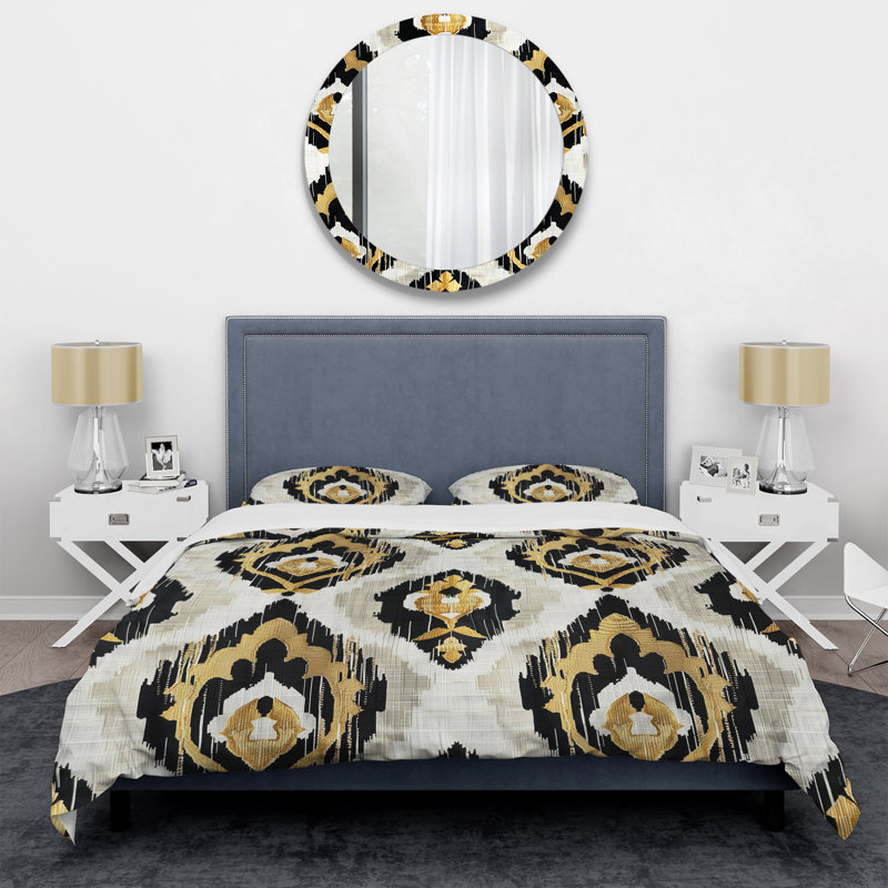Black Gold Geometric Retro Print - Geometric Retro Duvet Cover Set, King Duvet Cover + 2 King Pillow Shams