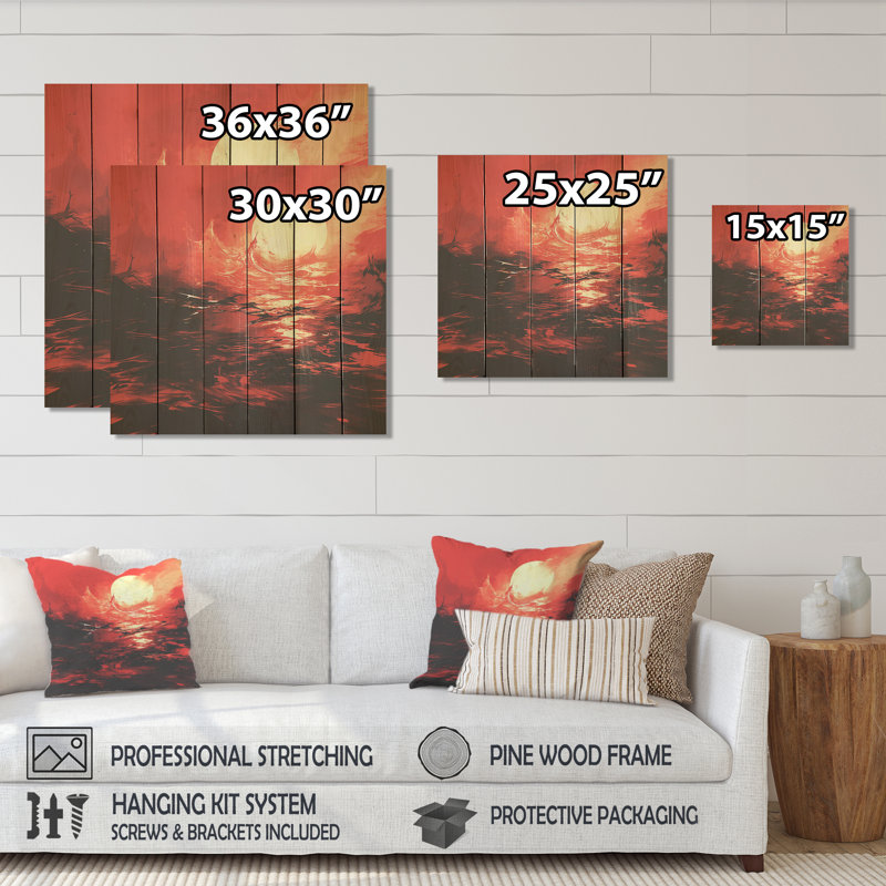 Red Crimson Sunset Storm - coucher de soleil côtier sur bois, H 36 po x l 36 po
