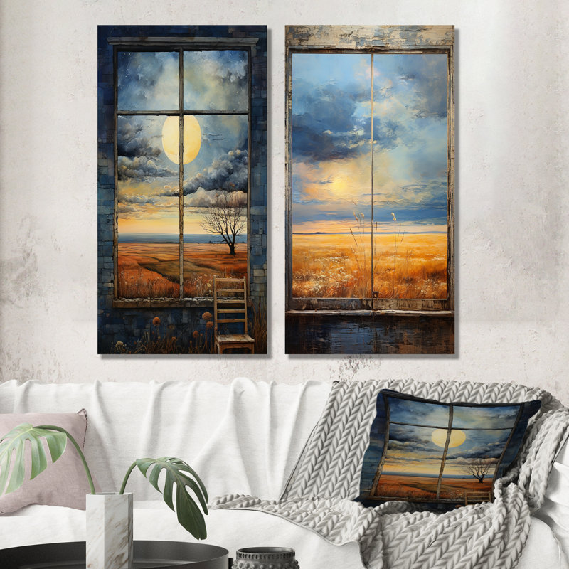 Meadow Horizon Farmhouse Windows II - Ensemble de 2 reproductions d'art mural en métal, H 28 po x l 24 po