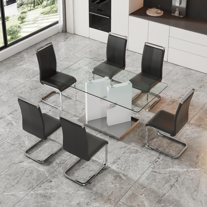 Ensemble de table de salle à manger 63 ", ensemble de table de salle à manger en verre avec chaises en cuir synthétique, Noir