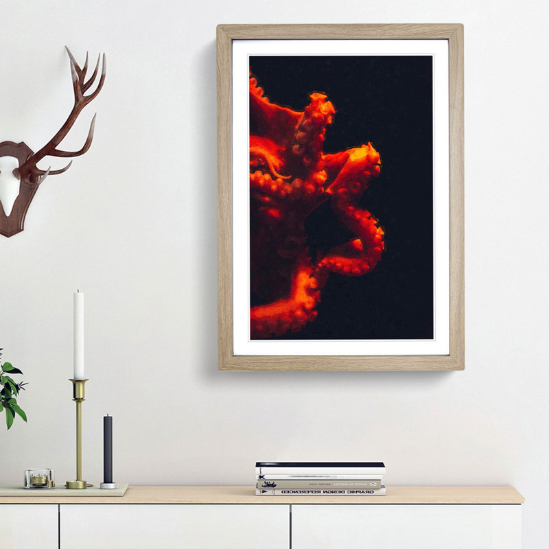 Red Octopus - Picture Frame Graphic Art Print, 36cm H x 27cm W x 2cm D, Oak Framed