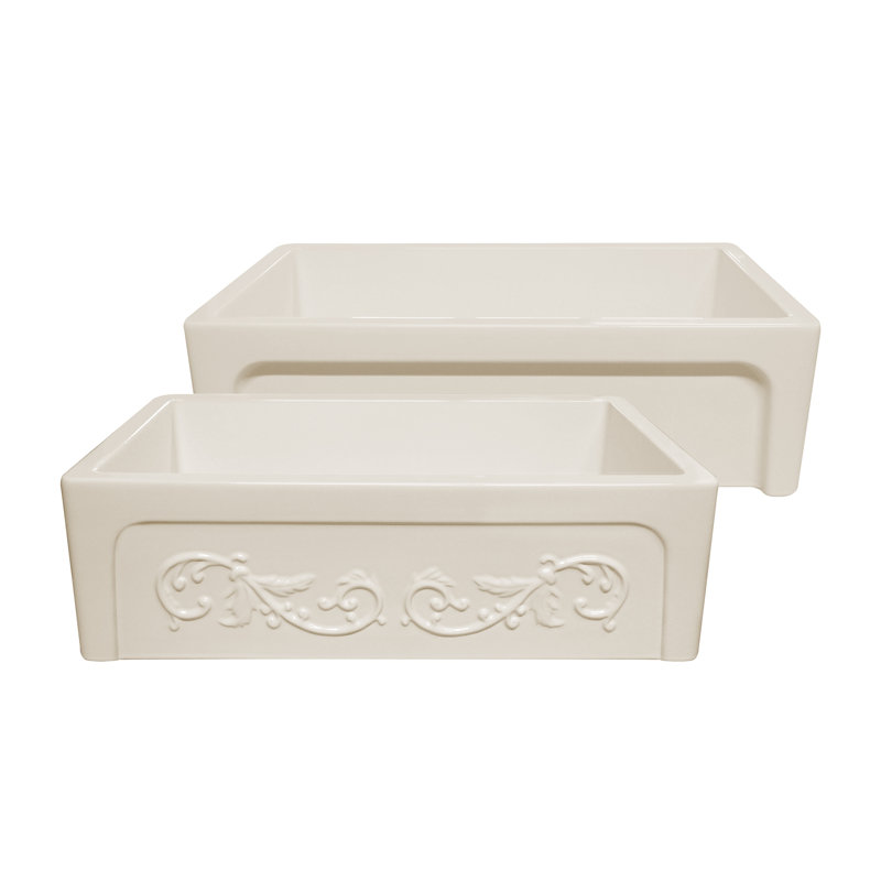 Whitehaus 33” Reversible Single Bowl Fireclay Kitchen Sink: Roman Vine, Beveled Front Apron, Biscuit