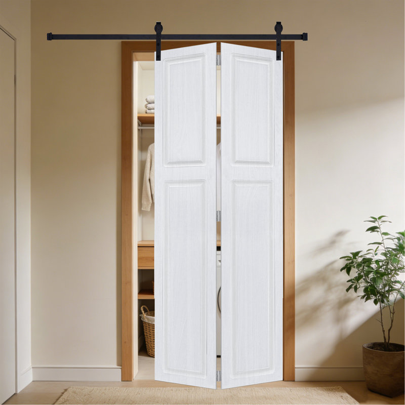 2 panneaux à 2 panneaux pliables de 80 po x 32 po Porte de grange coulissante en bois de noyer blanc avec ensemble de quincaillerie