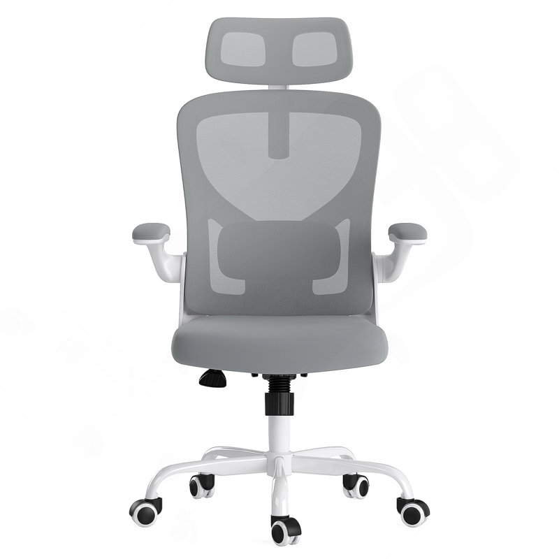 Ergonomic Office Chair With Adjustable Headrest, Lumbar Support, And Flippable Armrests For Comfortable Home Or Office Use, White & Gray