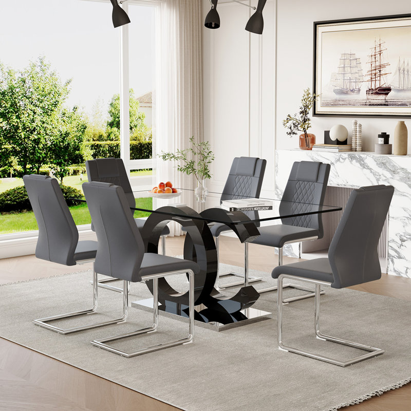 7-Piece Glass Top Dining Table Sets, Gris/argent