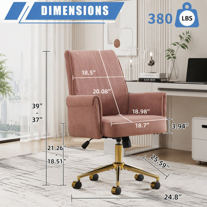 Chaise de bureau ergonomique à dossier moyen avec base dorée luxueuse, Light Pink Corduroy