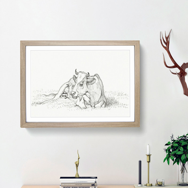 Sketch of a Resting Cow by Jean Bernard - Picture Frame Drawing Print, Oak Framed, 36cm H x 48cm W x 2cm D