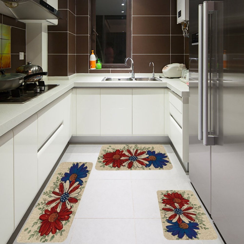 Ensemble de 3 tapis de cuisine Patriotic Daisy, Rouge / bleu floral 3