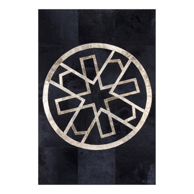 Black Cowhide Patchwork Rug Gold Geometric Design_8.83 X 12 Ft