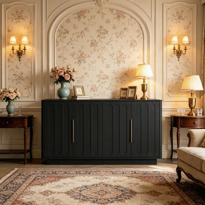 Buffet/meuble console moderne noir cannelé de 140 cm de large, style Art déco, avec grand espace de rangement dissimulé et étagères réglables pour cuisine, salle à manger ou salon.