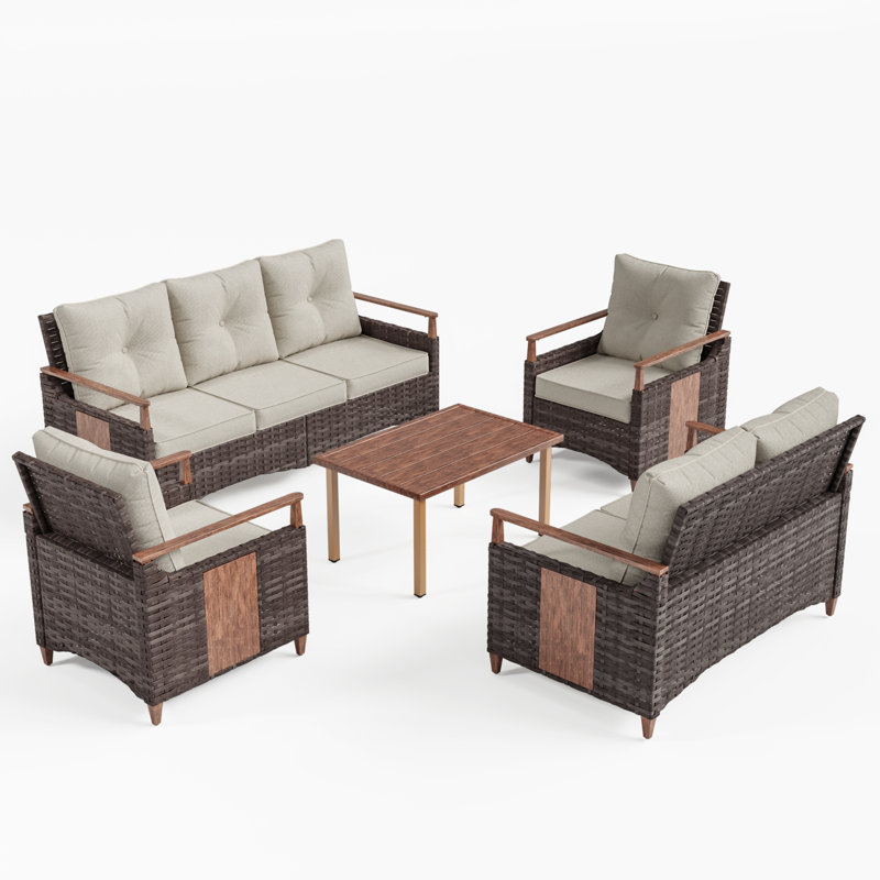 Ensemble de conversation d'extérieur en osier pour 7 personnes avec coussins Melvarn, Beige