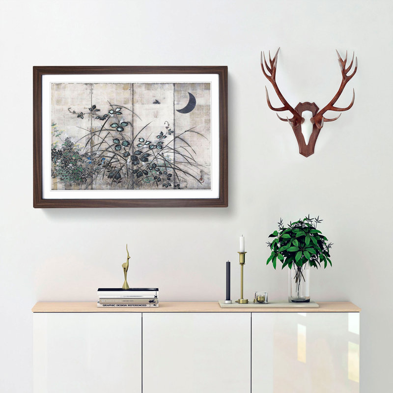 Moon & Autumn Grasses by Sakai Hoitsu - Picture Frame Painting Print, Walnut Framed, 36cm H x 48cm W x 2cm D
