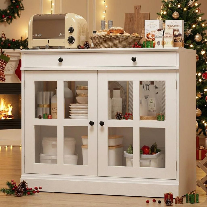 Armoire de cuisine de 35,4 pouces, buffet à 2 portes en verre avec grand tiroir de rangement, armoire à café moderne avec tablette réglable pour la salle à manger, la cuisine et le vestibule