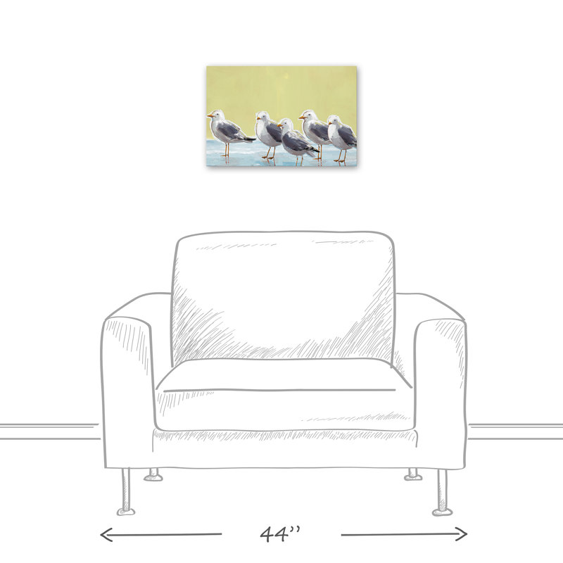 Mouettes sur fond jaune sur toile, H 12 po x l 18 po x P 1,25 po, Toile tendue