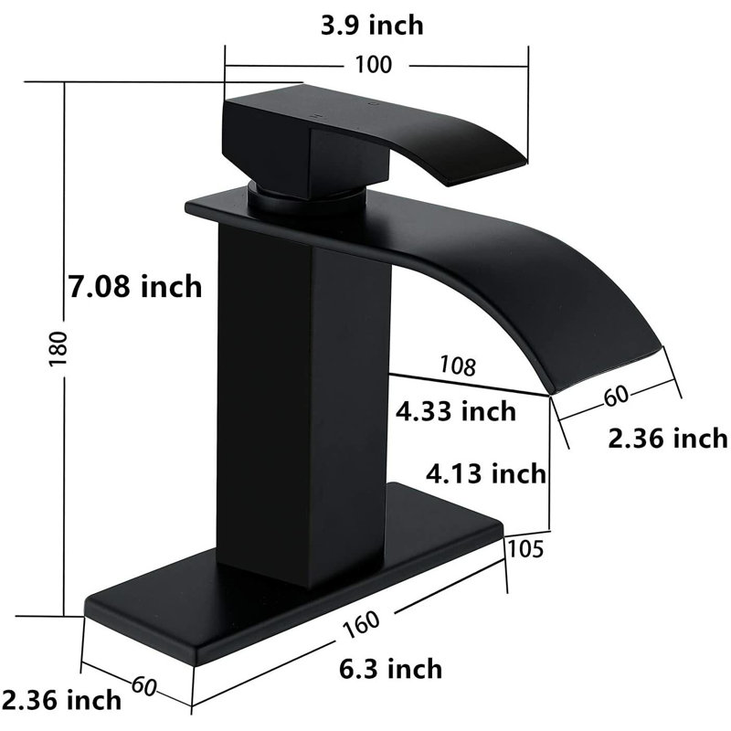 Ensemble de robinets Mosson noir mat à effet cascade avec plaque de montage carrée de 15 cm et bonde de vidange escamotable en plastique