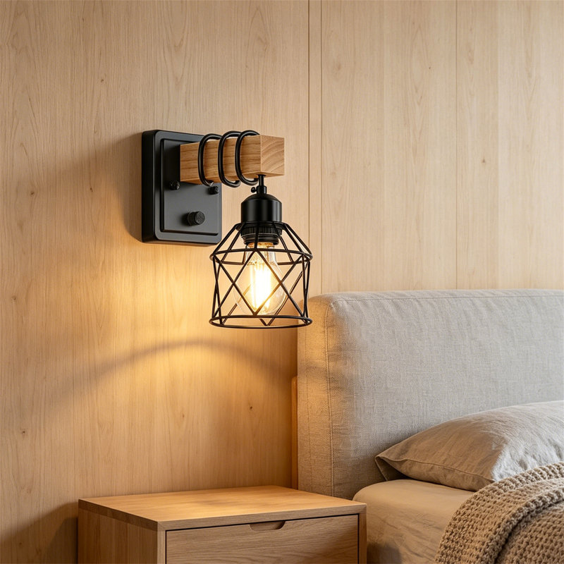 2‑Pack Industrial Wall Sconces, Rustic Wood & Black Metal Cage Wall Lamp, Vintage Farmhouse Hardwired Wall Light, E26 Wall Sconce for Bedroom Bathroom Living Room