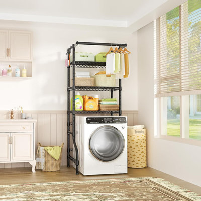 U11 Mini 3-tier Laundry Room Storage Shelf With Drying Rack, Over Washer And Dryer Freestanding Organizer With Adjustable Wire Shelves And Hanging Rod, Black