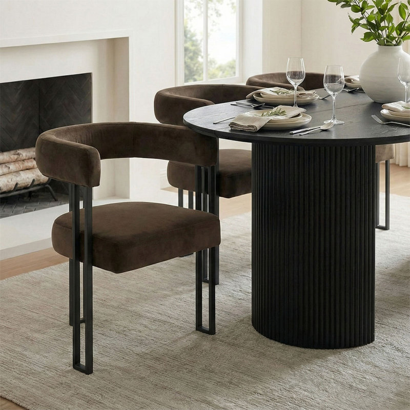 6 - Person Dining Table Sets With Oval Table & 6 Upholstered Velvet Chairs, Mink, Black
