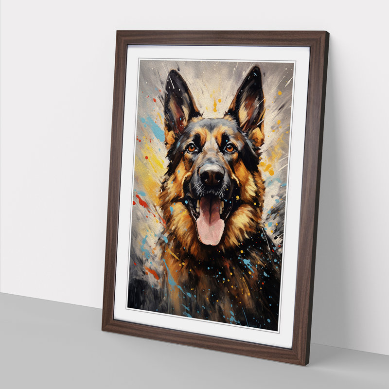 German Shepherd Action Painting - Framed Print, 64cm H x 46cm W, Walnut Framed