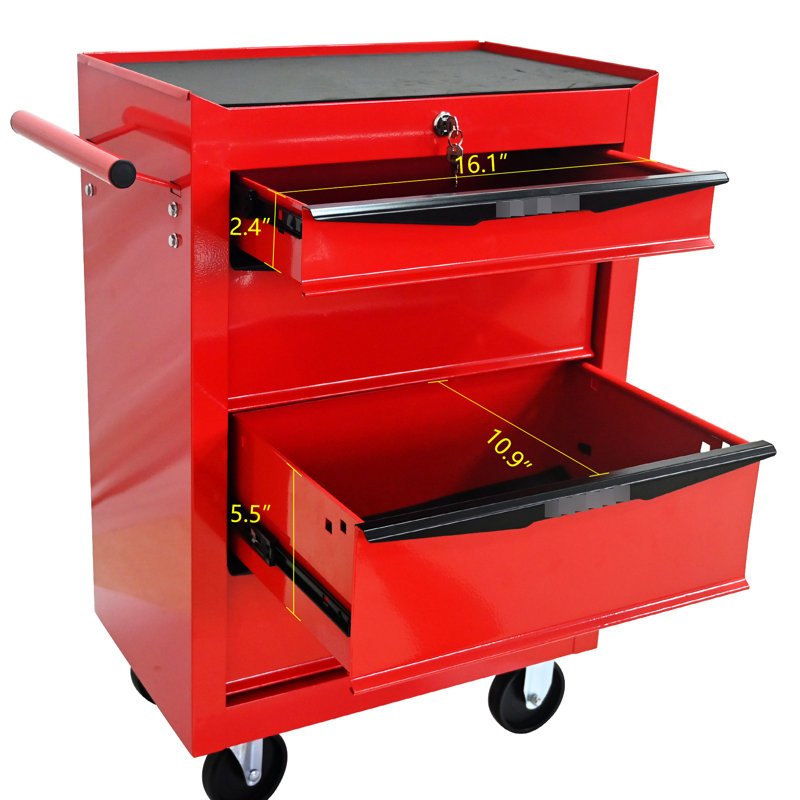 Rolling Metal Tool Chest, 4 - Drawer With Bearing Drawers, Red & Black, 4" , Key Lock For Security 20" Multifunctional Chest Cabinet, Steering Wheels, Slides Smooth Operation