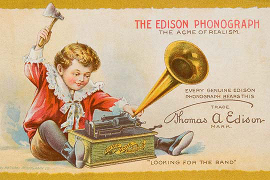 « the edison phonographe », affiche rétro, H 28 po x l 42 po x P 1,5 po