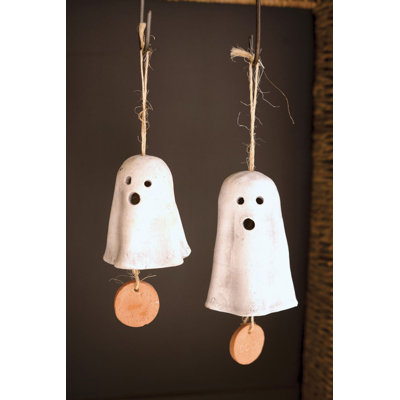 Kalalou Hanging Ghost Chimes 4.5 Inch – Handmade Clay and Sisal Set of 2