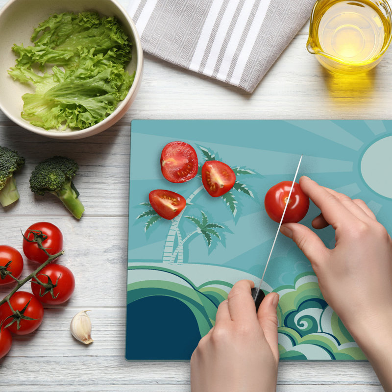 Ambesonne Tropical Cutting Board Large Size Wavy Sea Palm Trees Multicolor