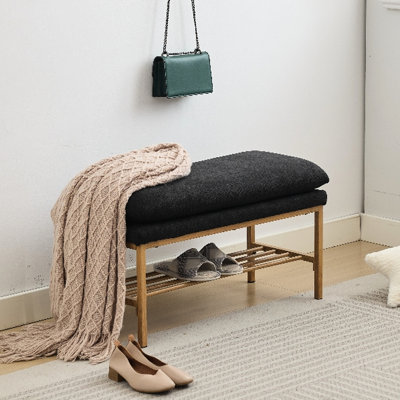Banc de hall d'entrée avec revêtement en lin et pieds en métal, noir, convient à la chambre à coucher, au salon, aux tablettes de pieds de la salle à manger, pour l'entrée, utilisation