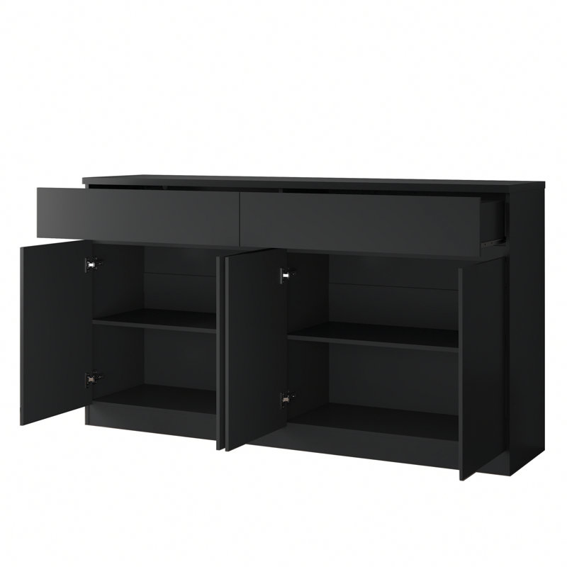 Buffet buffet, armoire de rangement avec 2 tiroirs et 4 portes, table basse en bois pour la salle à manger, Noir
