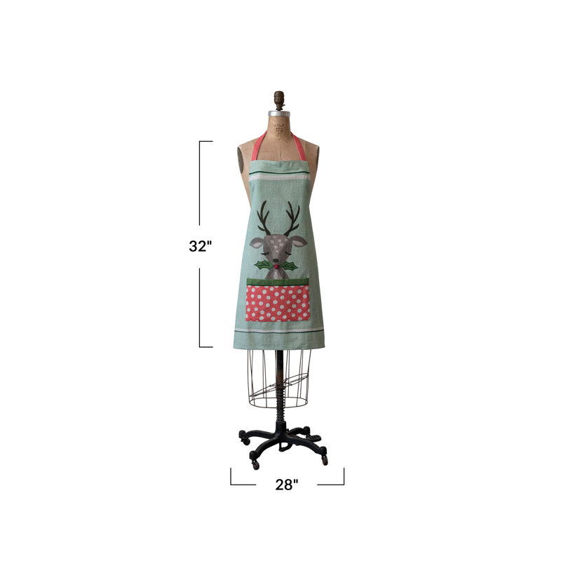 Cotton Slub Printed Apron With Reindeer, Holly And Polka Dot Pocket