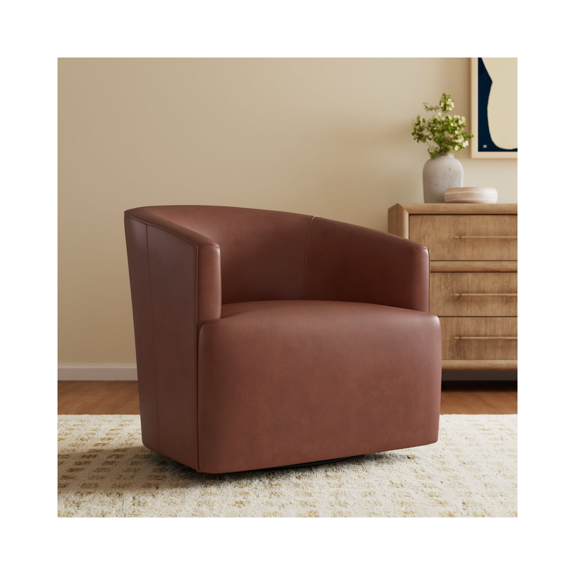 Winslow Genuine Leather Swivel Barrel Chair, Vintage Brown Top Grain Genuine Leather