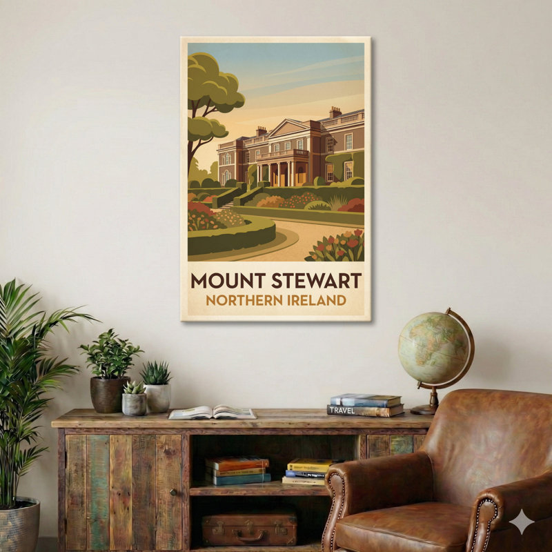 Mount Stewart, Northern Ireland - Romantic Travel Poster Of Historic Gardens And Stately Home. Giclee Print On Wrapped Canvas. Wall Art, Home Decor - Parks & Gardens, Northern Ireland - Wrapped Canvas Print