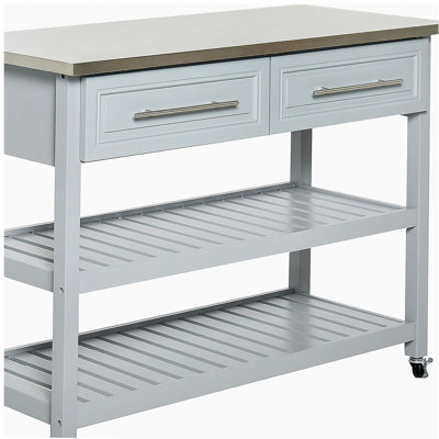 Stainless steel countertop kitchen island stand with storage space, traditional kitchen island stand with two-tier open shelves, drawers, light gray