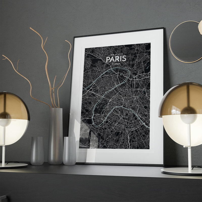 Carte de Paris, impression nautique, H 17 po x l 11 po x P 0,05 po, Gris/noir