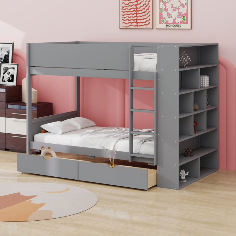 Lit superposé avec 2 tiroirs et armoire à couches multiples, gris, Simple sur simple