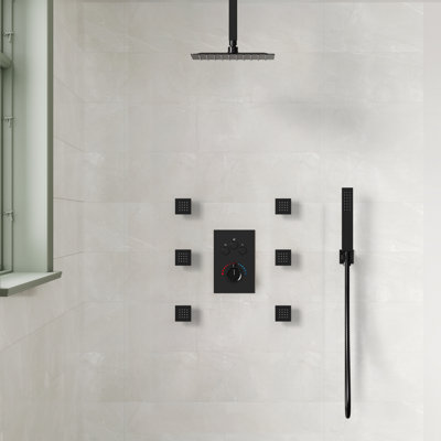 Ceiling Mount 12" Thermostatic Rainfall Shower System with 6 Body Jets and Handheld Spray