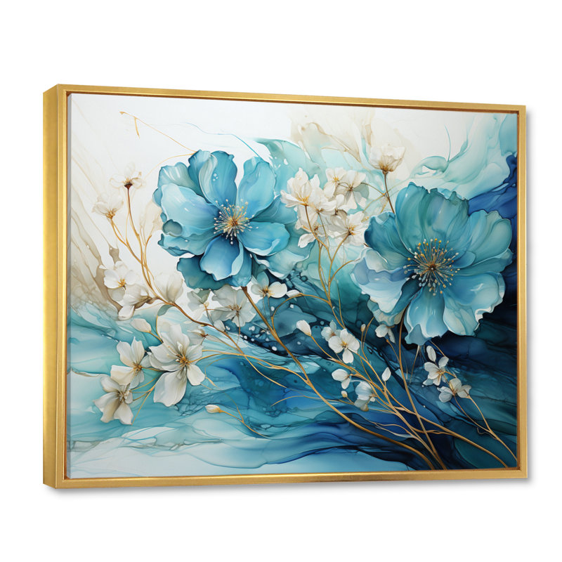 «Avanos» sarcelle or abstrait fractal mystique mirage II, H 30 po x l 40 po x P 1,5 po, Cadre flottant doré