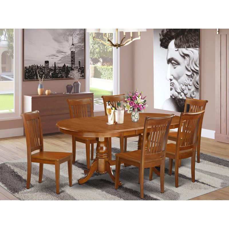 7 Piece Kitchen Table & Chairs Set consists of an Oval Dining Table with Butterfly Leaf and 6 Dining Room Chairs, Saddle Brown
