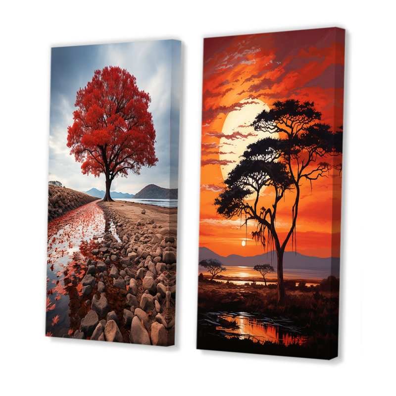 «African Tree Orange Sunset Majesty», 2 pièces, H 40 po x l 40 po, Toile tendue