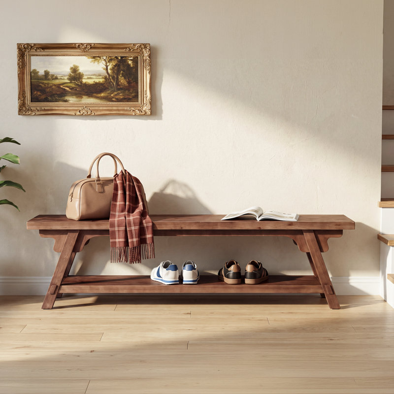 Banc de salle à manger en bois massif 63 pouces, banc de cuisine long rustique avec tablette de rangement inférieure, brun