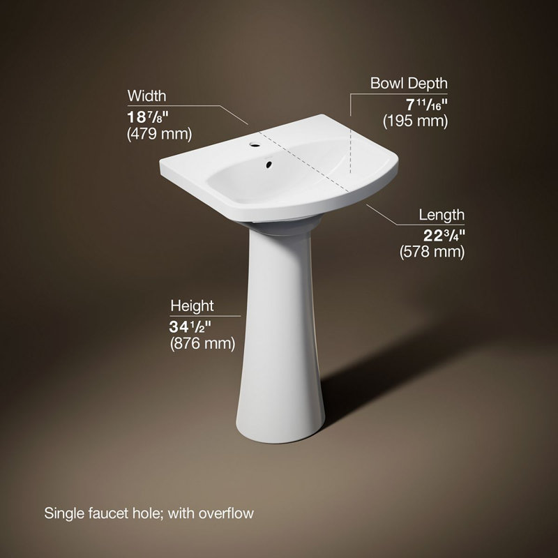 Cimarron® 26.81" Vitreous China U-Shape Pedestal Bathroom Sink with Overflow, White, Single