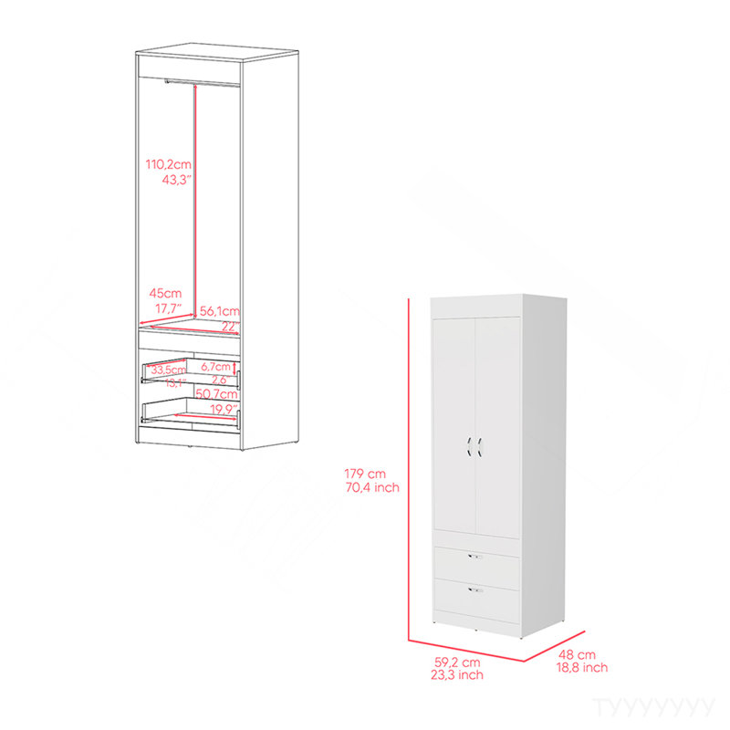 Armoire Tarento, deux tiroirs, finition blanche, Blanc