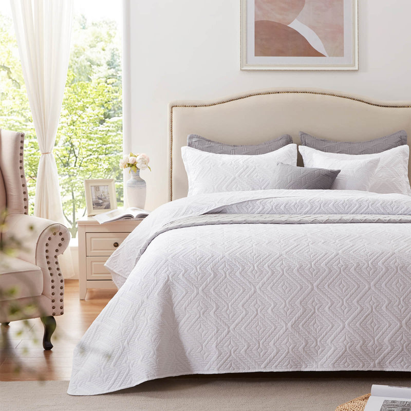 Ensemble de courtepointe 3 pièces pour lit double / grand lit - Couvre-lit léger en microfibre et 2 taies décoratives, motif floral à carreaux blanc, surdimensionné 90 x 98 pouces, couvre-lit toutes saisons