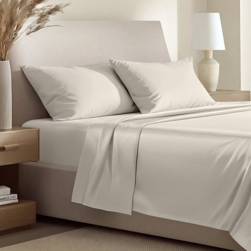 400 Thread Count Sateen Sheet Set, Twin Extra Long Sheet Set with 1 Pillowcase, French Beige